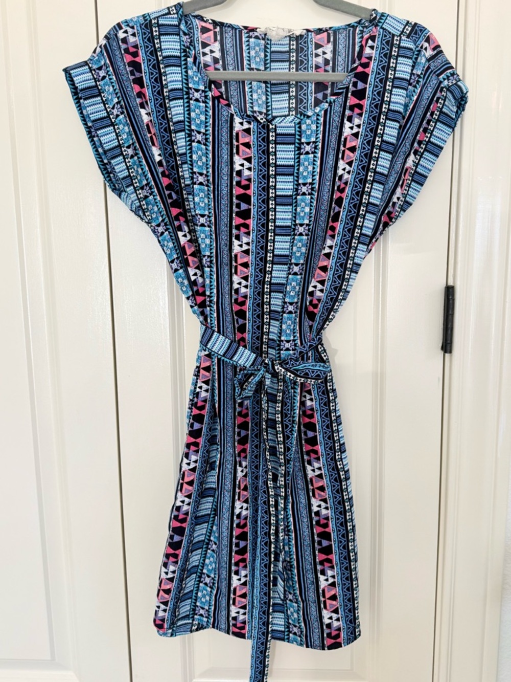 Hippie Rose Blue Striped Printed Tie-Waist Mini Dress with Pink Details - Picture 2 of 7